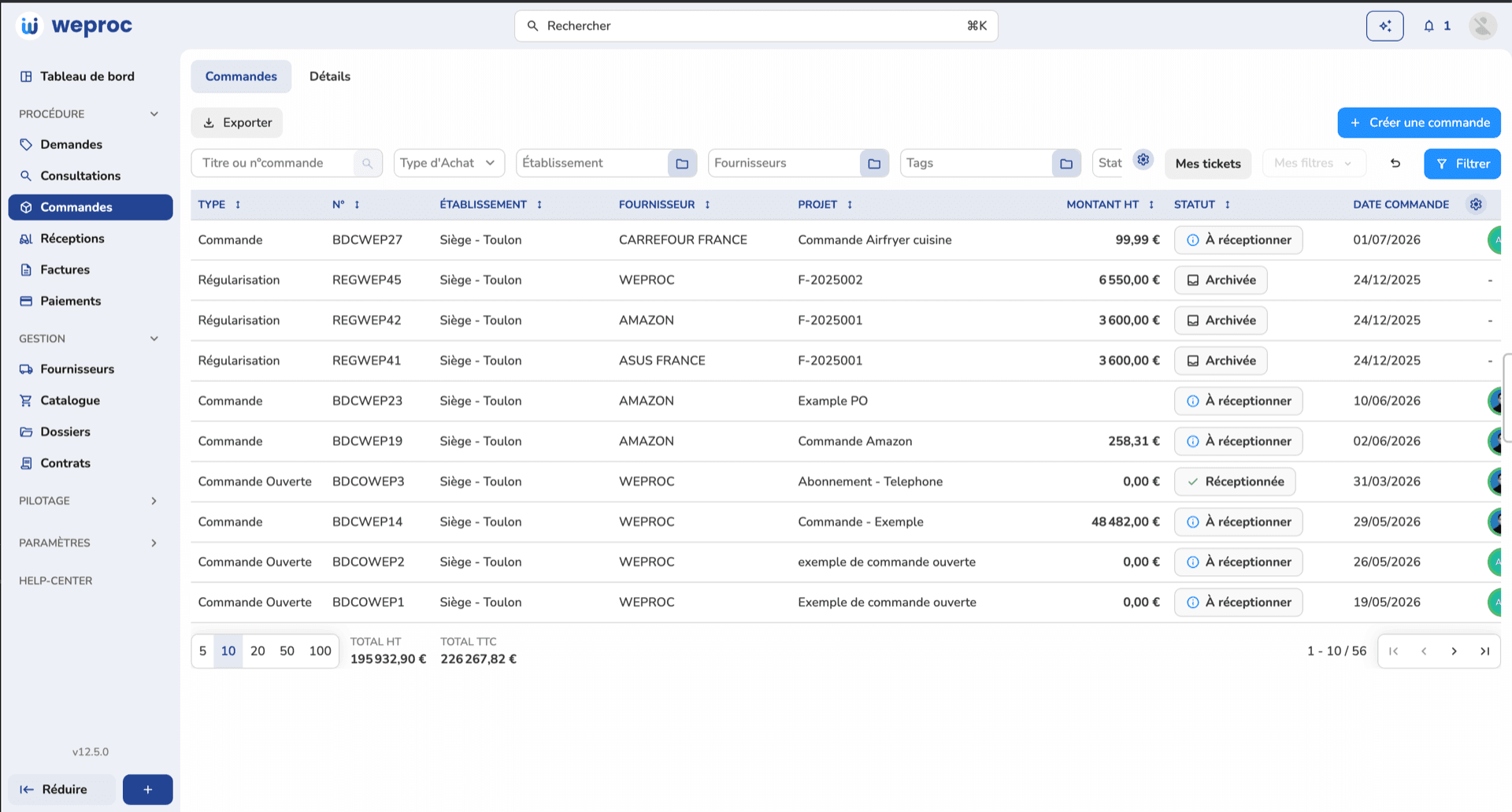 Weproc - liste des commandes